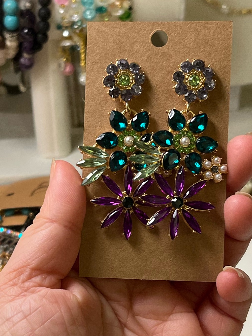 Floral Statement Drop Earrings — Purple & Teal Crystal - Picture 1 of 1